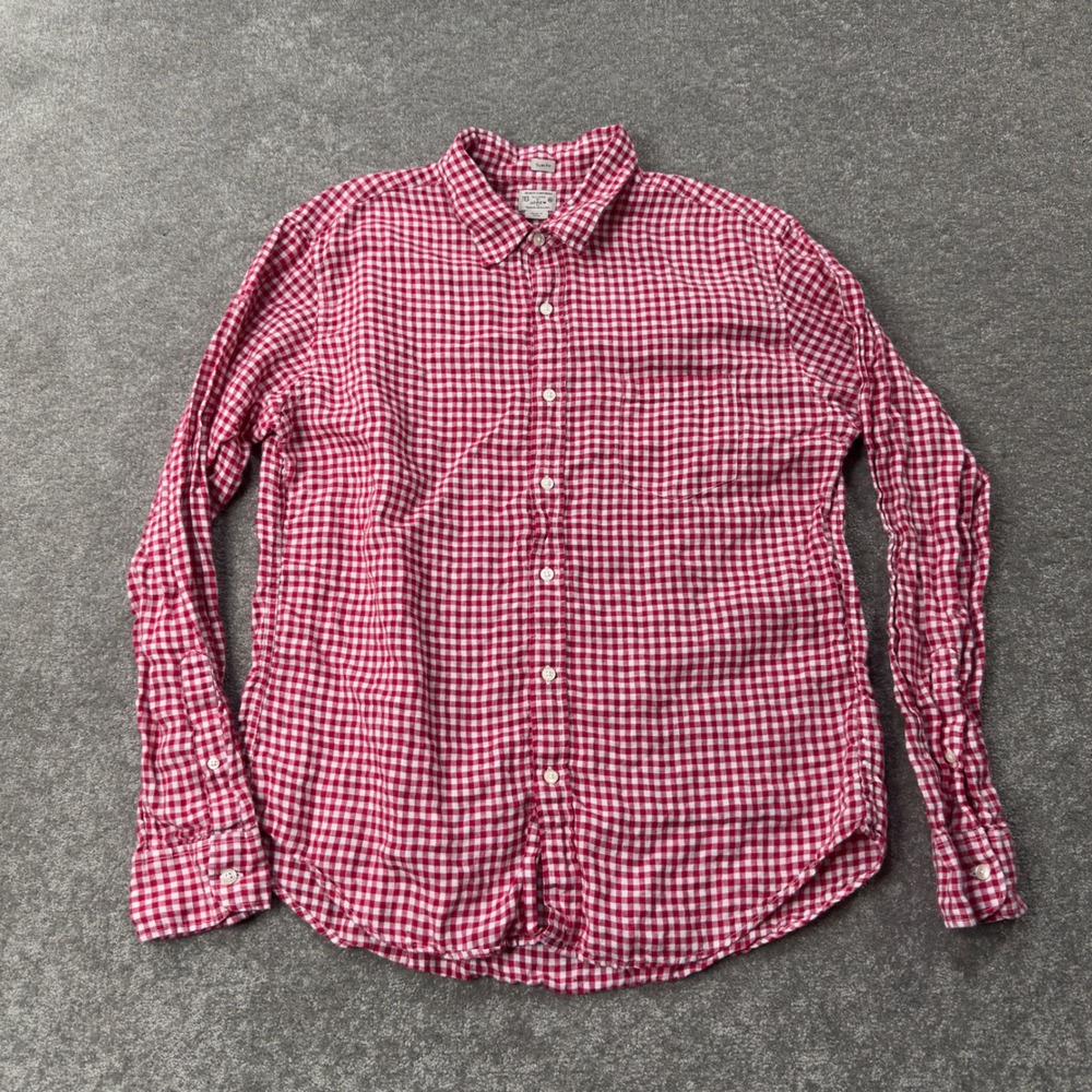 J Crew Linen Button Down Mens XL Red White Gingham Slim Fit Shirt Style A0959